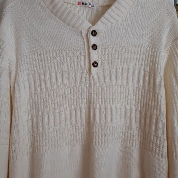 H2H Other - Men's Ivory Long Sleeve Henley Style Pullover Sweater Size XL Lightweight
